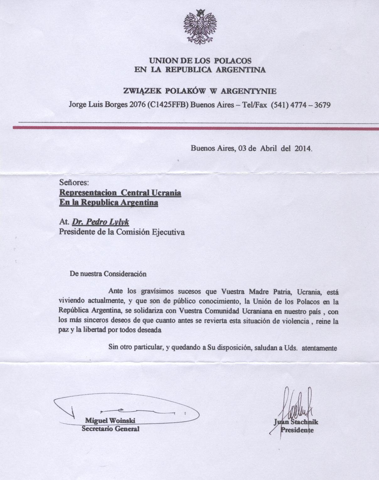 Carta de Solidaridad de la Comunidad Polaca en la República Argentina